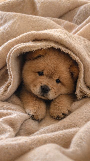 Chow Chow Puppy Peeking from Under Blanket Wallpaper