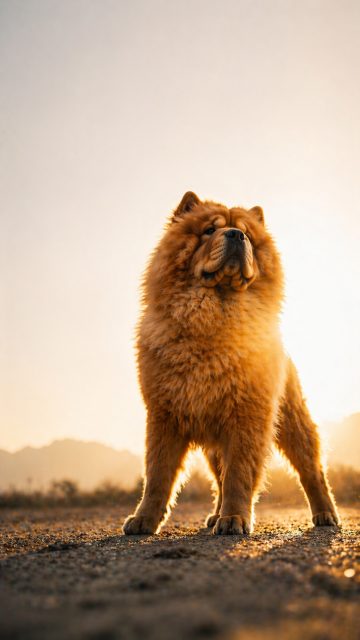 Chow Chow with Strong Backlight Glow on Open Ground Wallpaper
