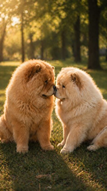 Two Chow Chows Nose Touching in Warm Light Wallpaper