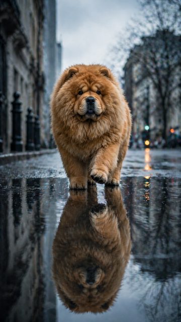 Chow Chow Walking on Wet Street Reflection Wallpaper