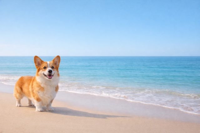 Corgi Standing on Calm Beach Shoreline Under Clear Sky Wallpaper