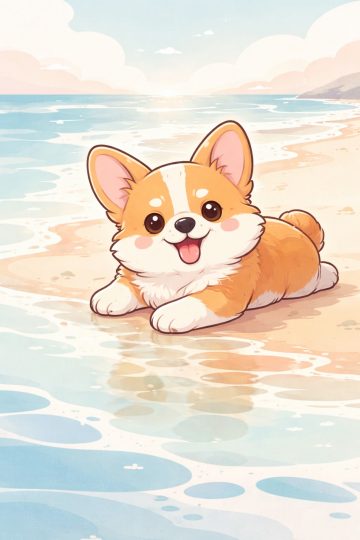 Happy Corgi on Pastel Beach Shoreline Soft Waves Wallpaper