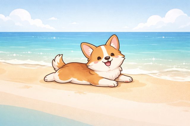 Sunny Pastel Beach Corgi Minimal Ocean View Wallpaper