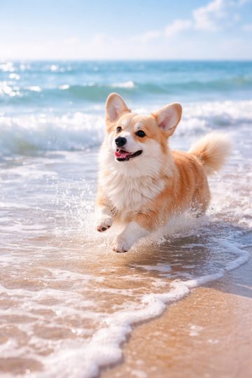 Corgi Running Through Ocean Waves on a Sunny Beach Wallpaper