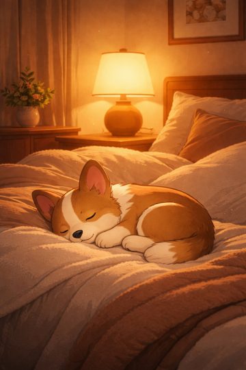 Cozy Indoor Corgi Sleeping by Bedside Lamp Wallpaper