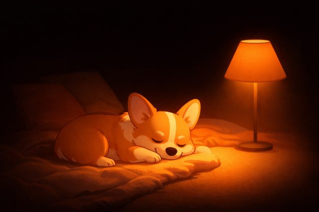 Sleeping Corgi in Warm Lamp Light Dark Room Wallpaper