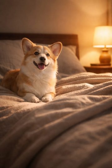 Corgi Resting on Bed in Warm Lamp Light Wallpaper
