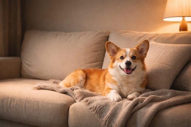 Corgi Relaxing on Sofa in Warm Cozy Lamp Light Wallpaper