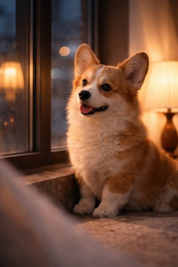 Corgi by Window in Soft Evening Lamp Glow Wallpaper