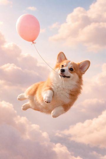 Floating Corgi with Balloon in Soft Dreamy Sky Wallpaper