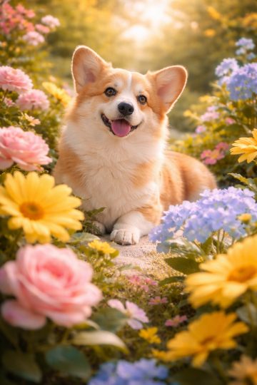 Corgi in Flower Garden Close-Up Sunlight Wallpaper