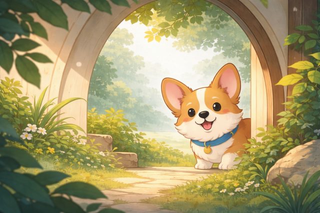 Corgi in Garden Archway Sunlit Storybook Wallpaper