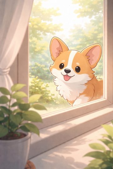 Corgi Peeking Through Window Soft Morning Light Wallpaper