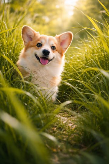 Corgi in Sunlit Grass Field with Soft Natural Light Wallpaper