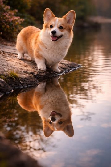 Corgi by Lake Reflection Golden Hour Wallpaper