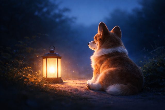 Corgi Sitting Beside Lantern in Forest at Blue Hour Night Wallpaper
