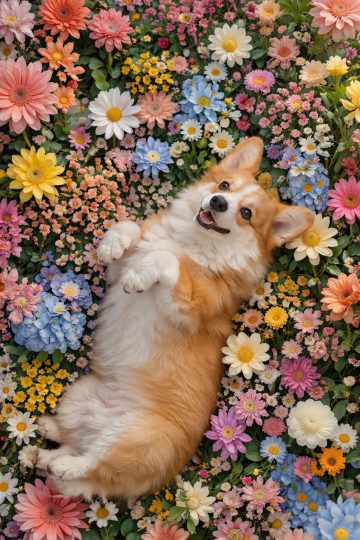 Corgi Lying in Colorful Flower Bed Top View Wallpaper