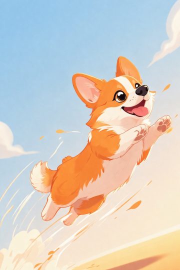 Corgi Leaping Upward Diagonal Motion Sky Wallpaper