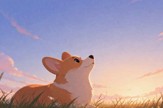 Corgi Looking Up in Sunset Field Soft Light Wallpaper