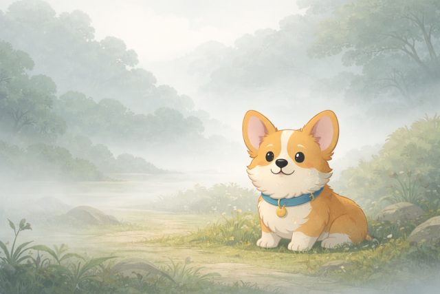 Peaceful Corgi by Foggy Lakeside Overcast Wallpaper