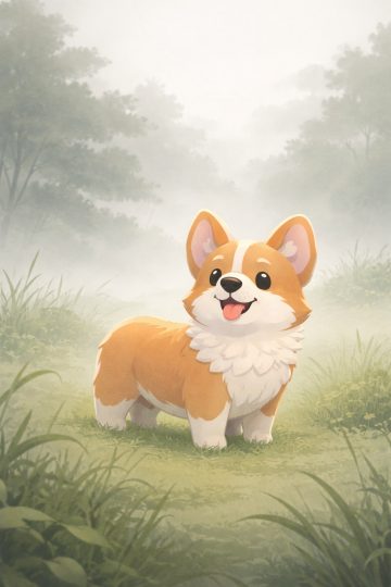 Corgi in Misty Field Soft Overcast Mood Wallpaper