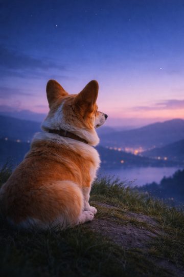 Corgi Looking Over Mountain Valley at Blue Hour Dusk Wallpaper