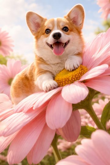 Corgi Playing on Giant Flower in Soft Daylight Wallpaper