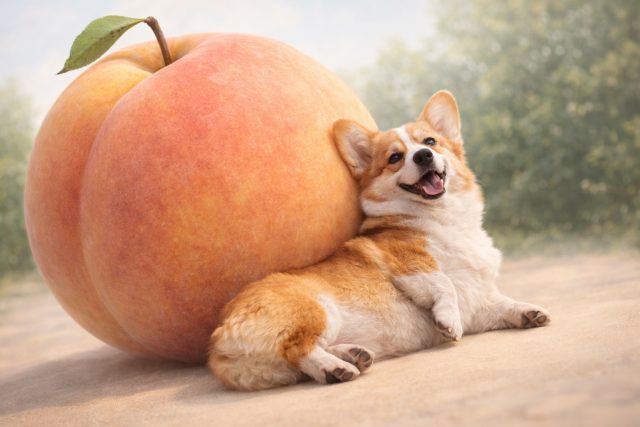 Corgi Relaxing Beside Giant Peach in Soft Light Wallpaper