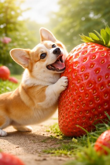 Corgi Playing with Giant Strawberry in Bright Sunlight Wallpaper