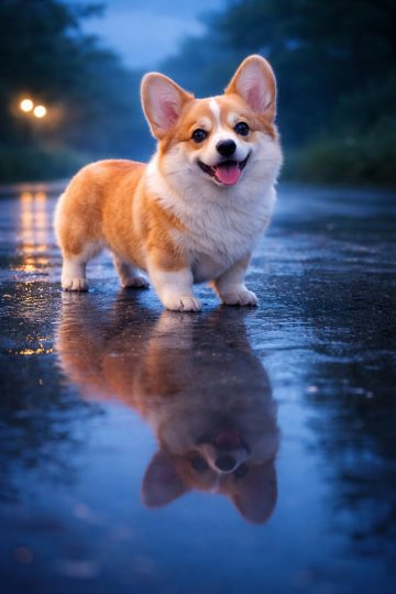 Corgi Standing on Rainy Road with Reflection at Blue Hour Wallpaper
