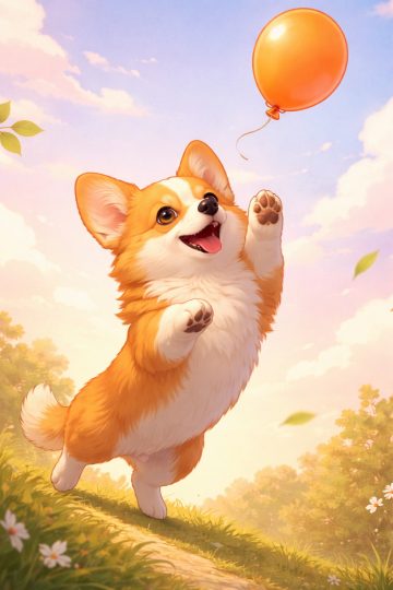 Corgi Reaching Balloon Upward Playful Sky Wallpaper