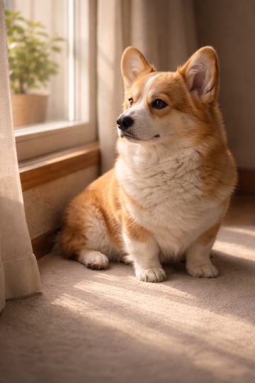 Corgi Sitting by Window in Golden Hour Light Cozy Wallpaper