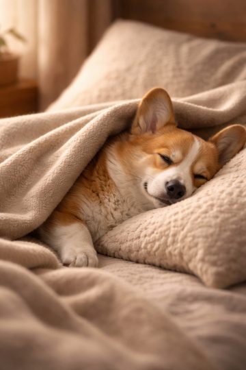 Close-Up Sleeping Corgi Under Blanket Cozy Warm Light Wallpaper