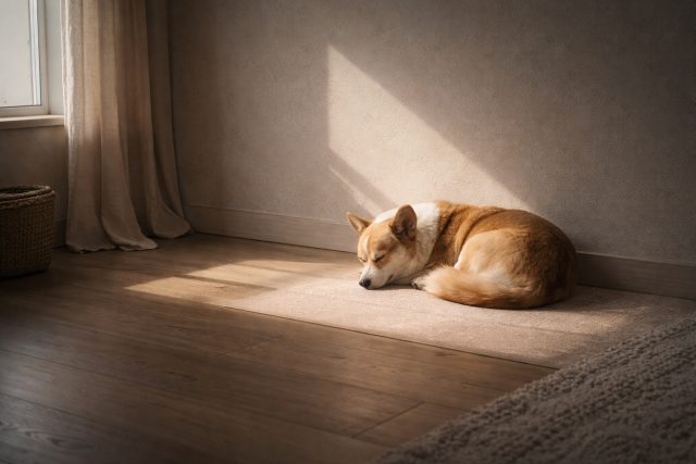 Sleeping Corgi in Sunbeam Minimal Window Light Wallpaper