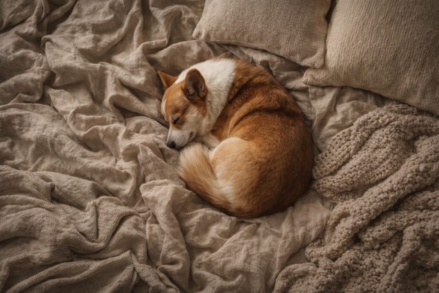 Top View Sleeping Corgi on Linen Bed Minimal Cozy Wallpaper