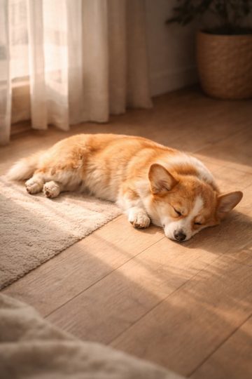 Sleeping Corgi in Soft Window Light on Wooden Floor Wallpaper