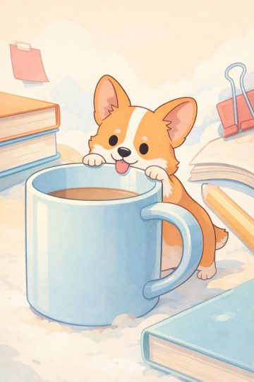 Small Corgi with Oversized Coffee and Books Cozy Wallpaper