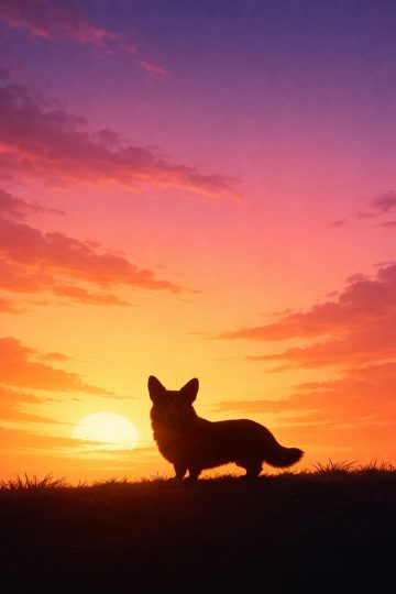 Corgi Silhouette on Hill at Vibrant Sunset Wallpaper