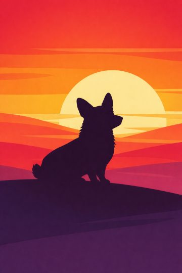 Minimal Sunset Silhouette Corgi Bold Color Landscape Wallpaper