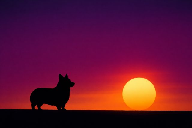 Corgi Silhouette Wide Horizon Deep Sunset Contrast Wallpaper