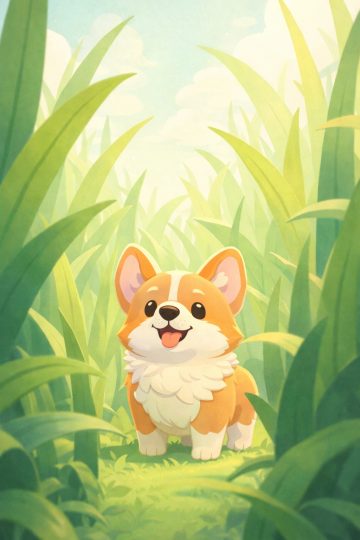 Tiny Corgi in Tall Grass Soft Pastel Adventure Wallpaper