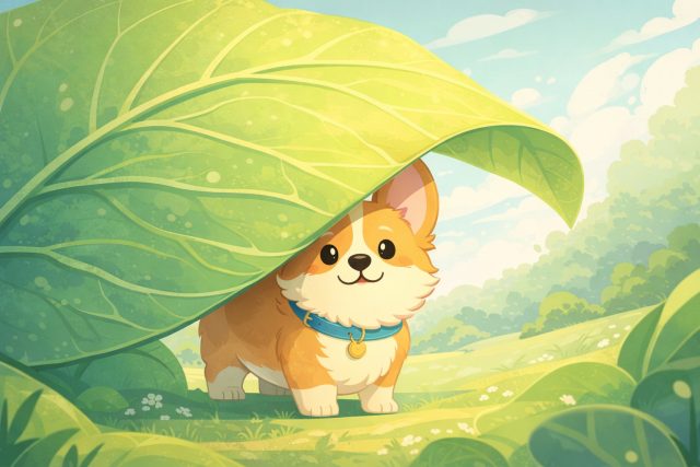 Corgi Under Giant Leaf Nature Shelter Soft Light Wallpaper