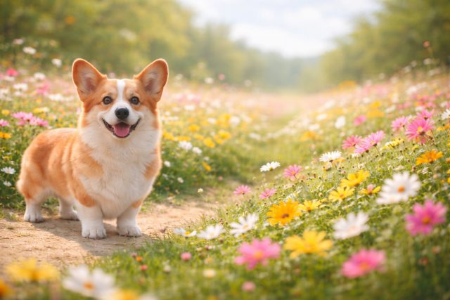 Corgi Walking Through Flower Field Path Spring Wallpaper