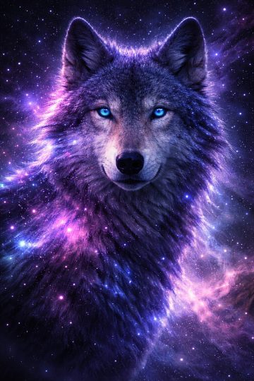 Cosmic Galaxy Wolf Portrait in Glowing Nebula Wallpaper