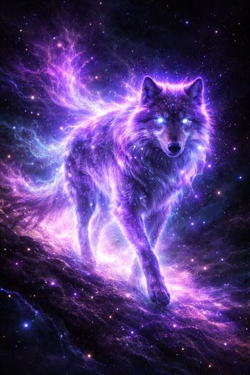 Glowing Cosmic Wolf Walking Through Nebula Light Wallpaper