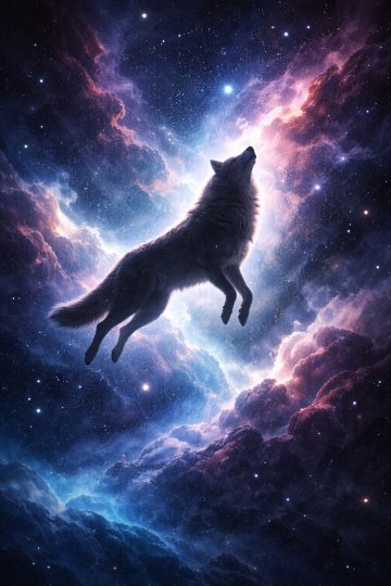 Cosmic Wolf Floating in a Nebula Sky Wallpaper