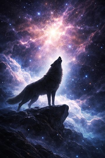 Wolf Howling Beneath a Brilliant Cosmic Light Wallpaper