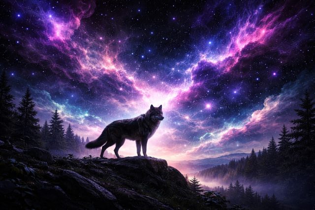 Wolf on a Mountain Ridge Beneath a Cosmic Nebula Wallpaper