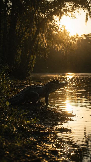 Crocodile at River Edge in Golden Backlight Wallpaper