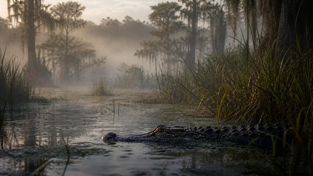 Crocodile in Misty Swamp Cinematic Wide Scene Wallpaper